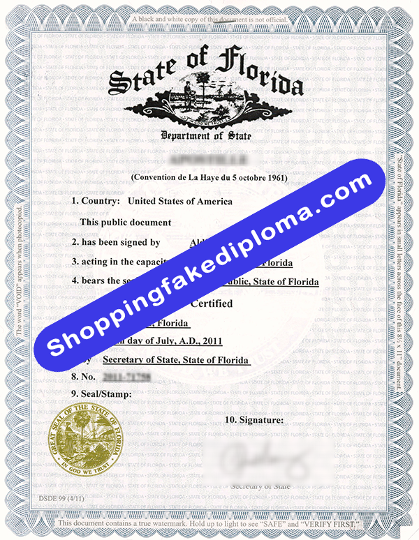 State of Florida Apostille Certificate, Buy Fake State of Florida Apostille Certificate