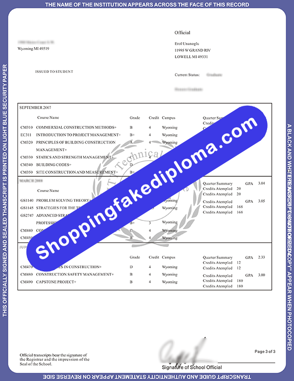 ITT Technical Institute Transcript, Buy Fake TT Technical Institute Transcript