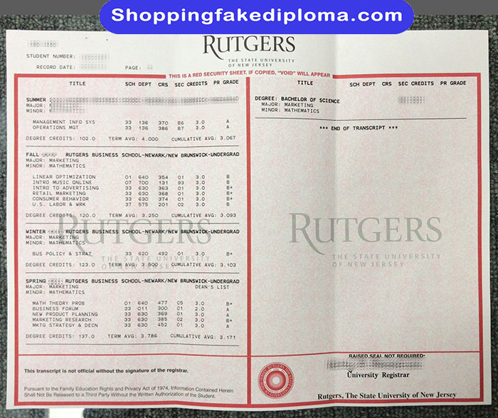 Rutgers State University of New Jersey fake transcript, US transcript