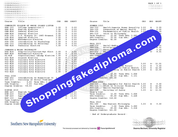 Southern New Hampshire University Transcript, Fake Southern New Hampshire University Transcript