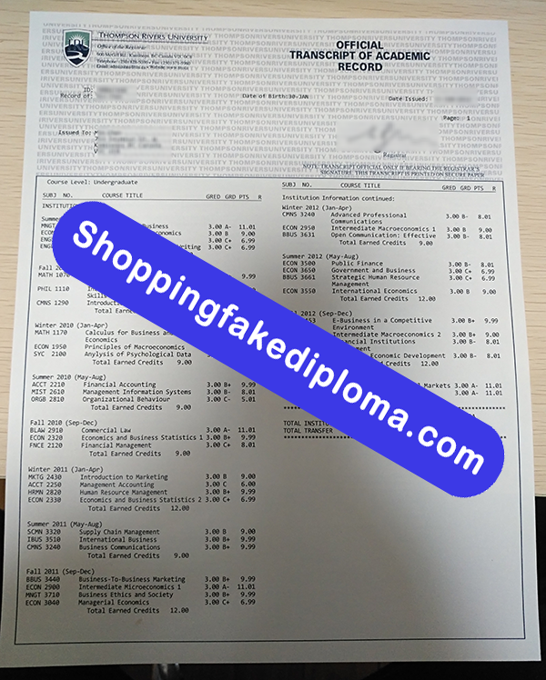 Thompson Rivers University Transcript, Buy Fake Thompson Rivers University Transcript