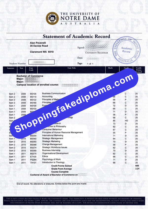 University of Notre Dame Australia Transcript, Buy Fake University of Notre Dame Australia Transcript