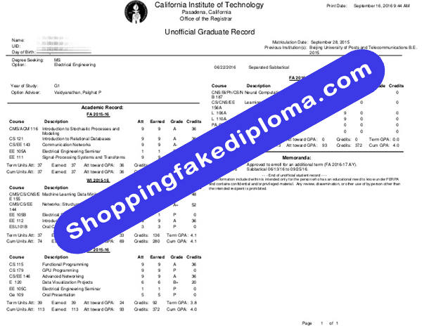 fake California Institute of Technology Transcript, Buy Bake California Institute of Technology Transcript