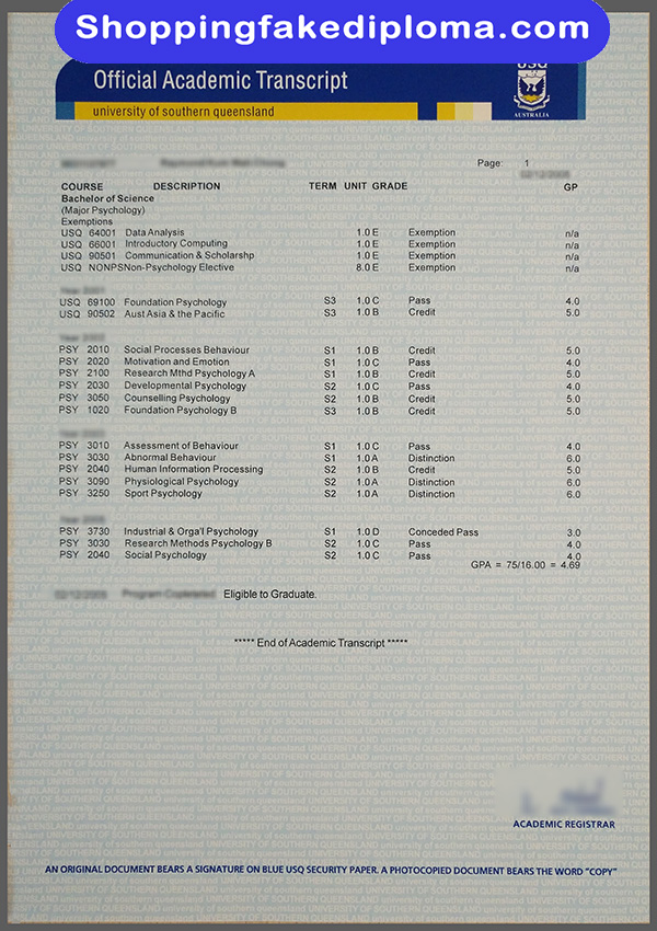 University Southern Queensland Transcript, fake University Southern Queensland Transcript