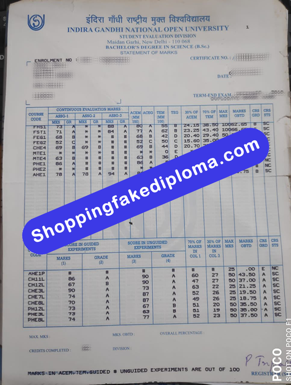 Indira Gandhi National Open University Transcript, Buy Fake Indira Gandhi National Open University Transcript