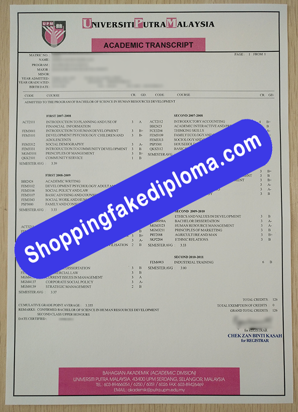 Universiti Putra Malaysia Transcript, Buy Fake Universiti Putra Malaysia Transcript 