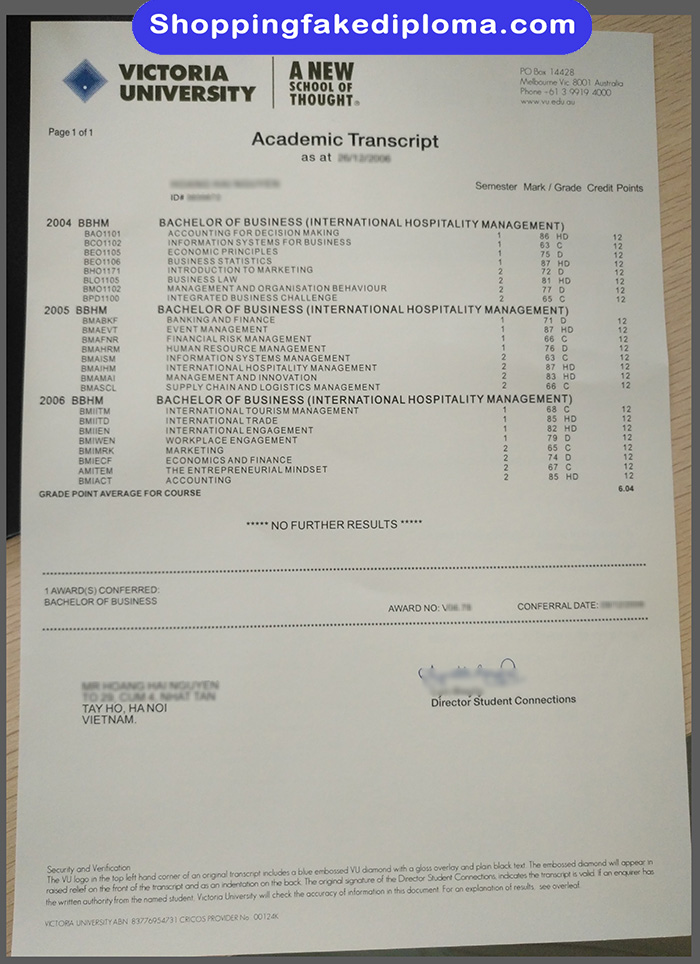 Victoria University fake Transcript, Victoria University fake diploma