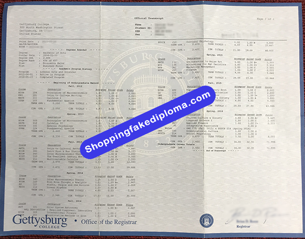 Gettysburg College Transcript, Buy Fake Gettysburg College Transcript