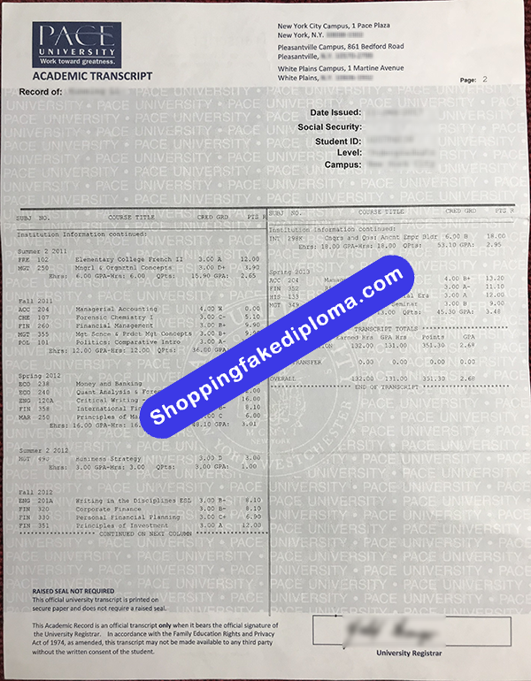 Pace University fake Transcript, Buy Fake Pace University Transcript