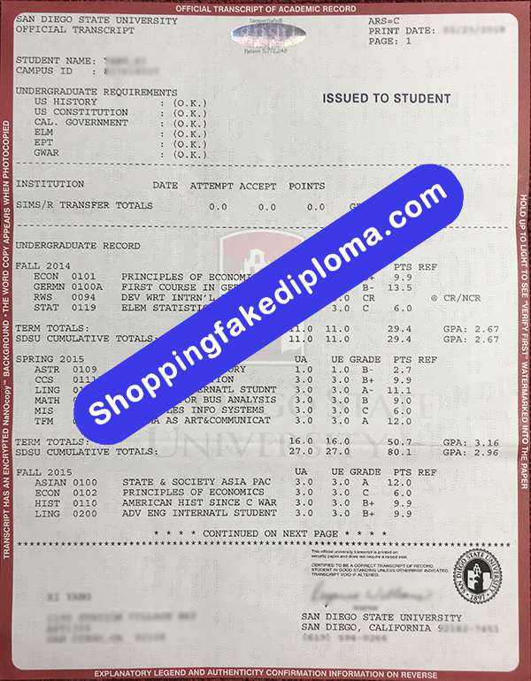 San Diego State University Transcript, fake San Diego State University Transcript