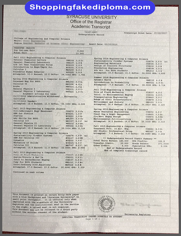 Syracuse University fake Transcript, buy Syracuse University fake Transcript