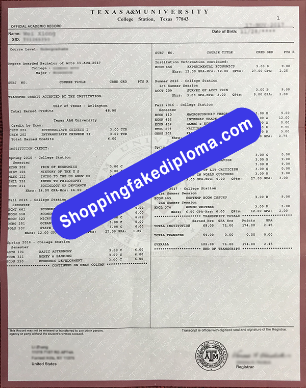 Texas A&M University Transcript, Buy Fake Texas A&M University Transcript