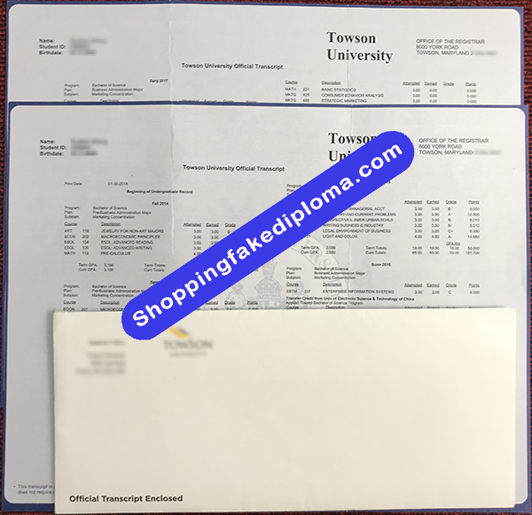 Towson University Transcript and Envelope, Buy Fake Towson University Transcript and Envelope 