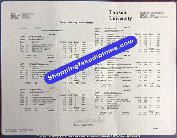 Towson University Transcript, Buy Fake Towson University Transcript