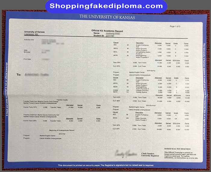 University of Kansas fake Transcript, University of Kansas diploma