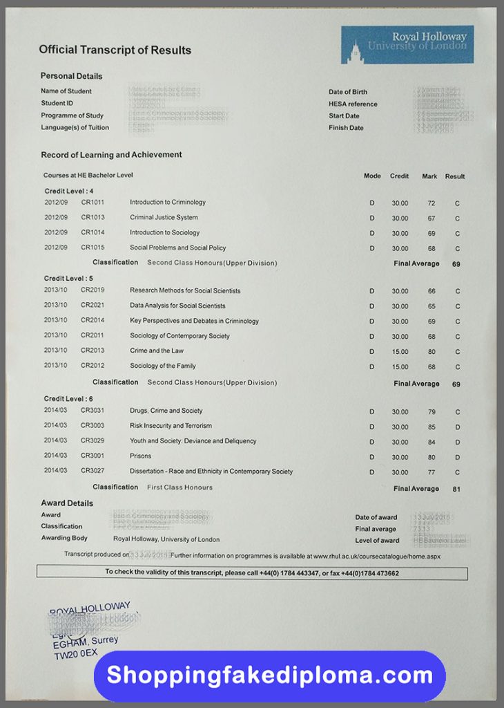 University of London Royal Holloway fake Transcript, buy University of London Royal Holloway fake Transcript