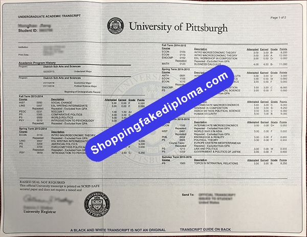 University of Pittsburgh Transcript, Buy Fake University of Pittsburgh Transcript 