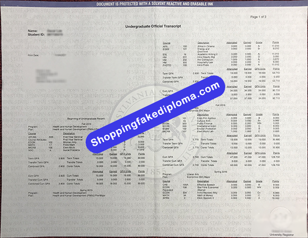 Pennsylvania State University Transcript, Buy Fake Pennsylvania State University Transcript