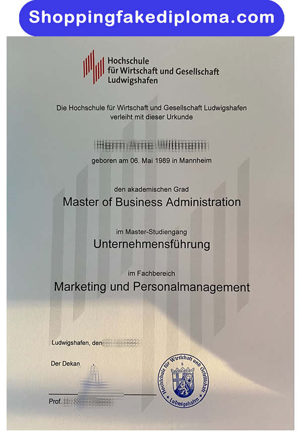 Fake university Ludwigshafen Certificate, Fake Hochschule Ludwigshafen für Wirtschaft und Gesellschaft Urkunde