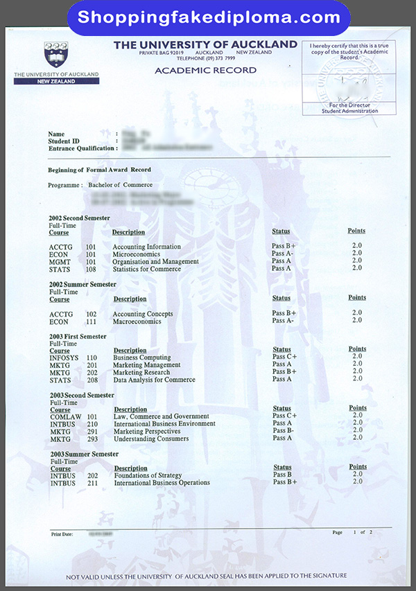 University of Auckland fake transcript, buy University of Auckland fake transcript