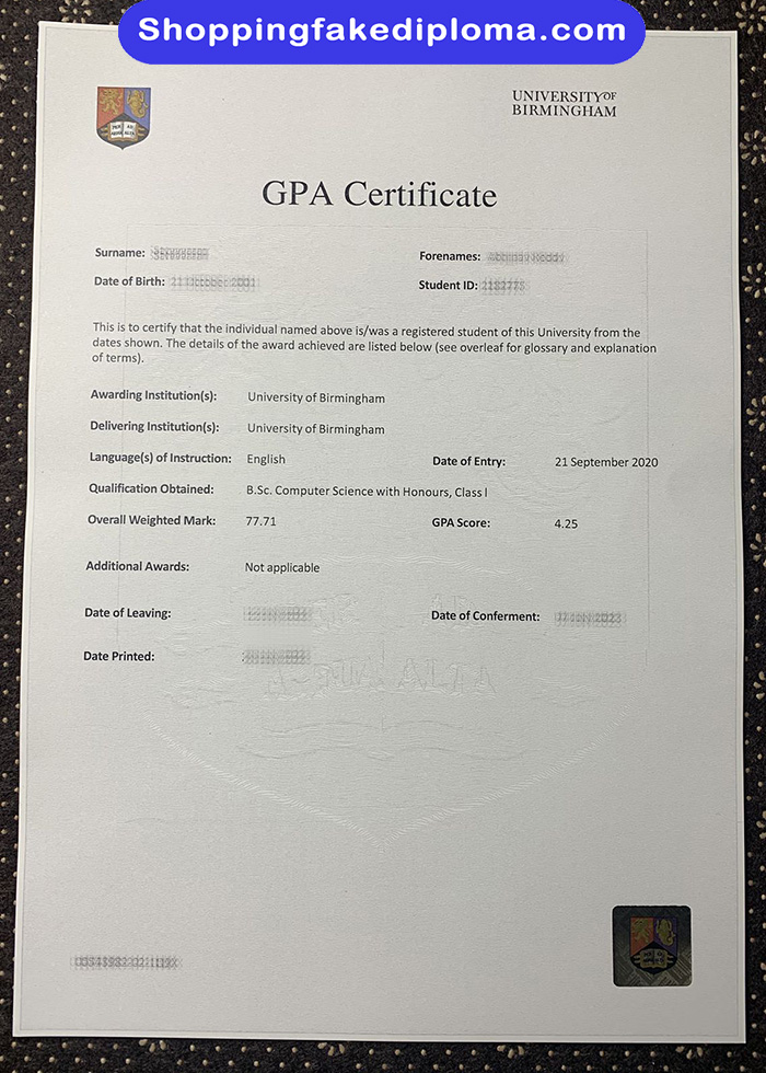 University of Birmingham CPA fake certificate, fake UK certificate