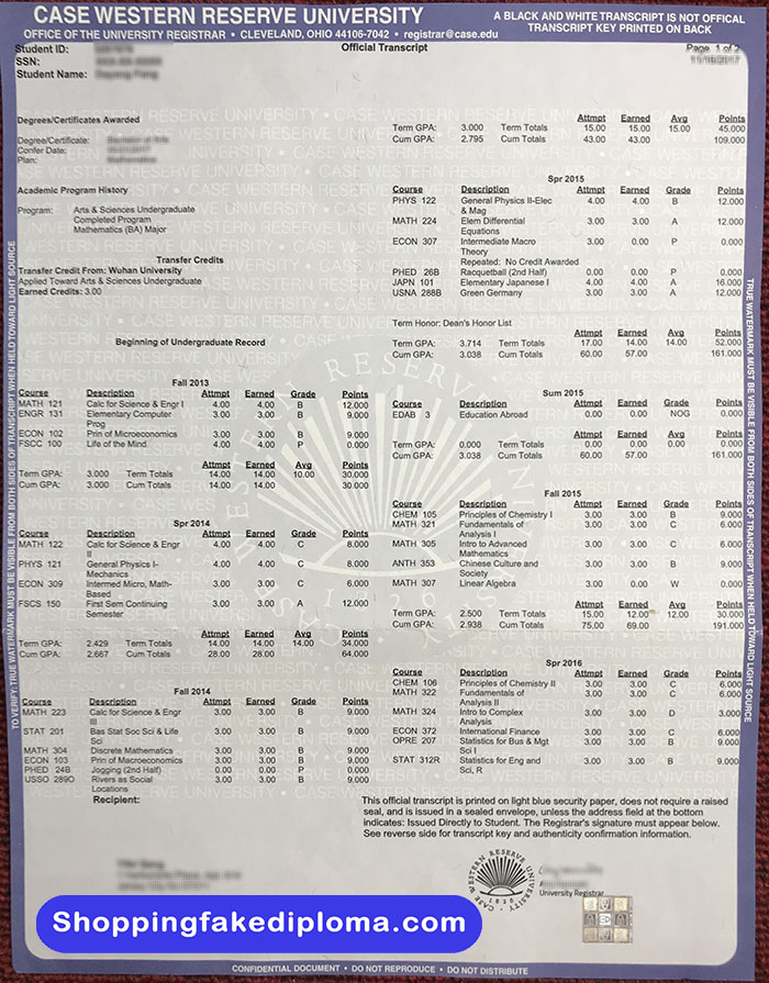 Case Western Reserve University fake Transcript, Case Western Reserve University diploma