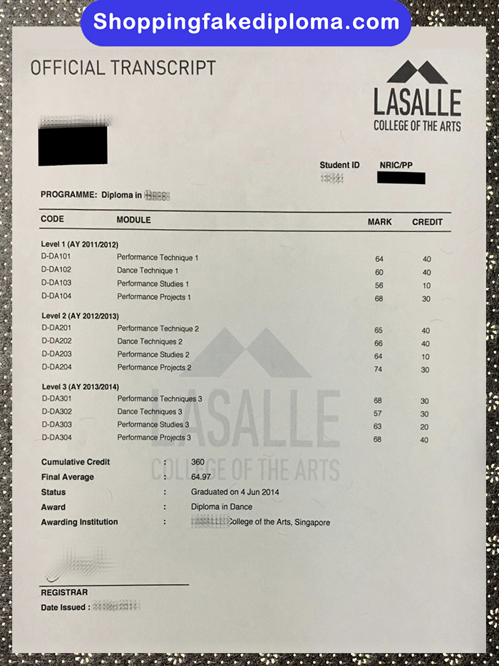 Lasalle College of the arts fake transcript, Lasalle College of the arts transcript