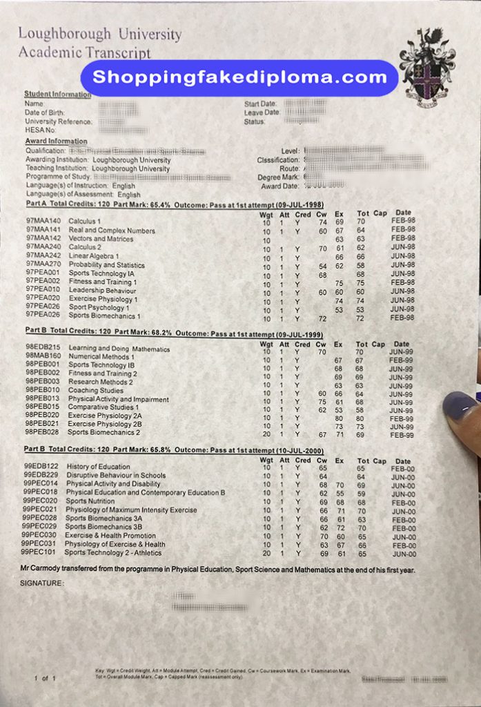 Loughborough University fake transcript, Loughborough University certificate