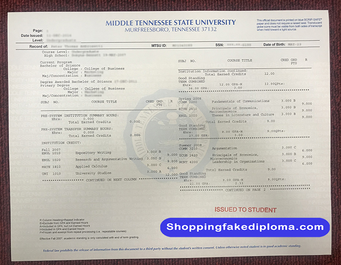 Middle Tennessee State University fake Transcript, Middle Tennessee State University certificate