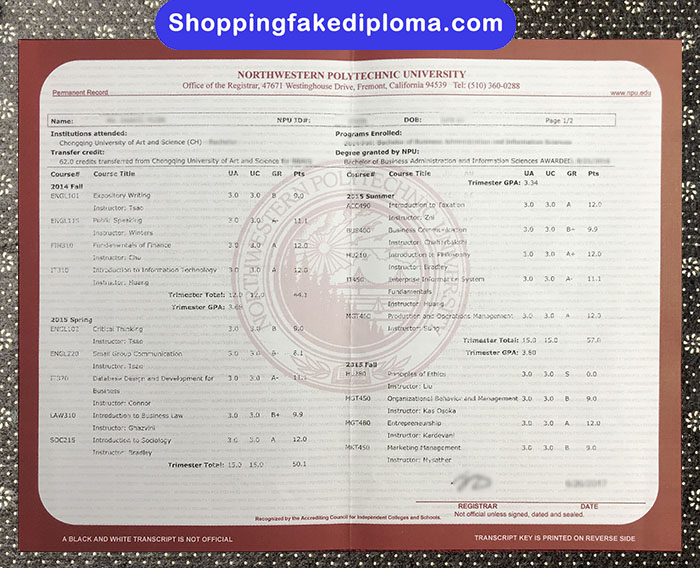  Northwestern Polytechnic University fake Transcript, Northwestern Polytechnic University certificate