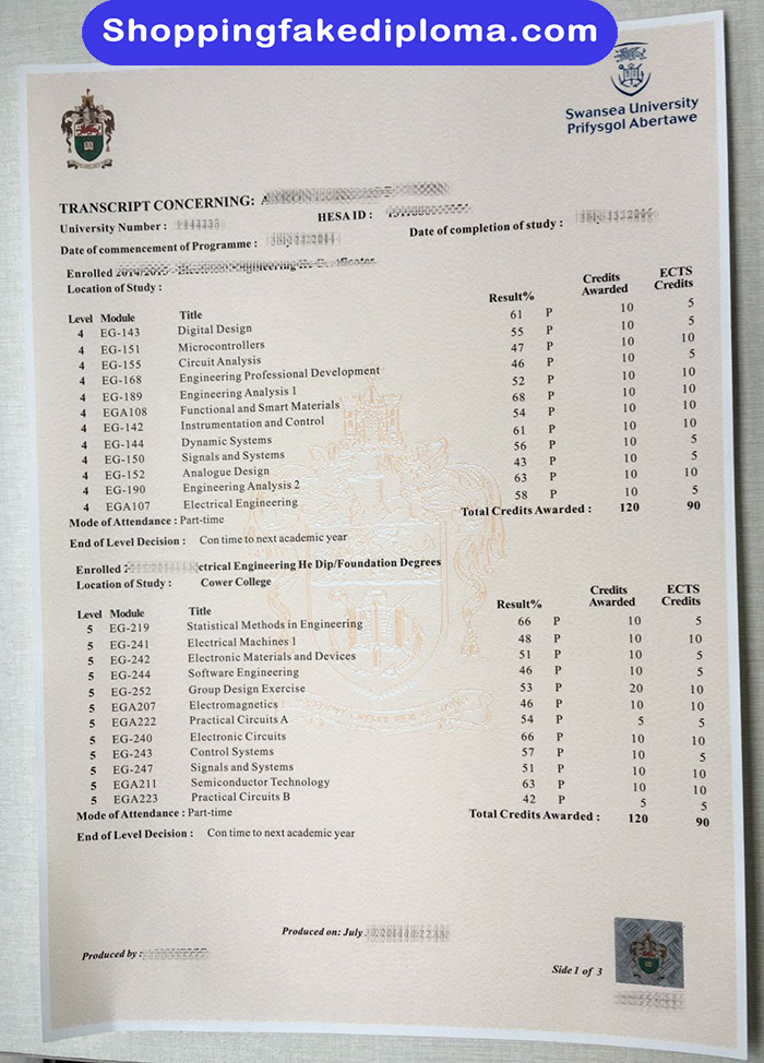 Swansea University fake Transcript, Swansea University certificate