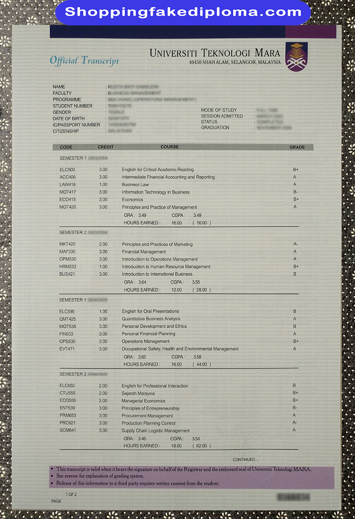 University Technology Mara fake transcript, University Technology Mara diploma