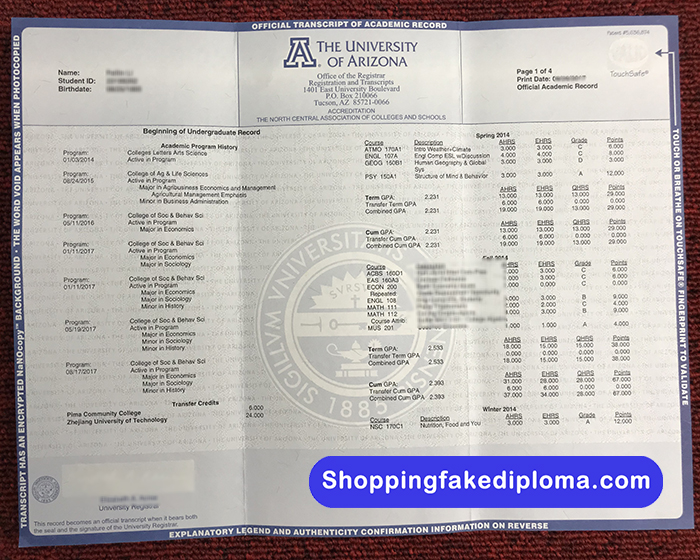 University of Arizona fake Transcript, buy University of Arizona fake Transcript