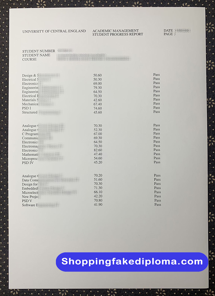 University of Central England in Birmingham fake transcript, University of Central England in Birmingham transcript