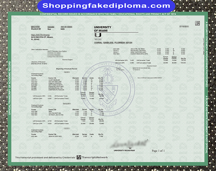 University of Miami fake Transcript, University of Miami certificate