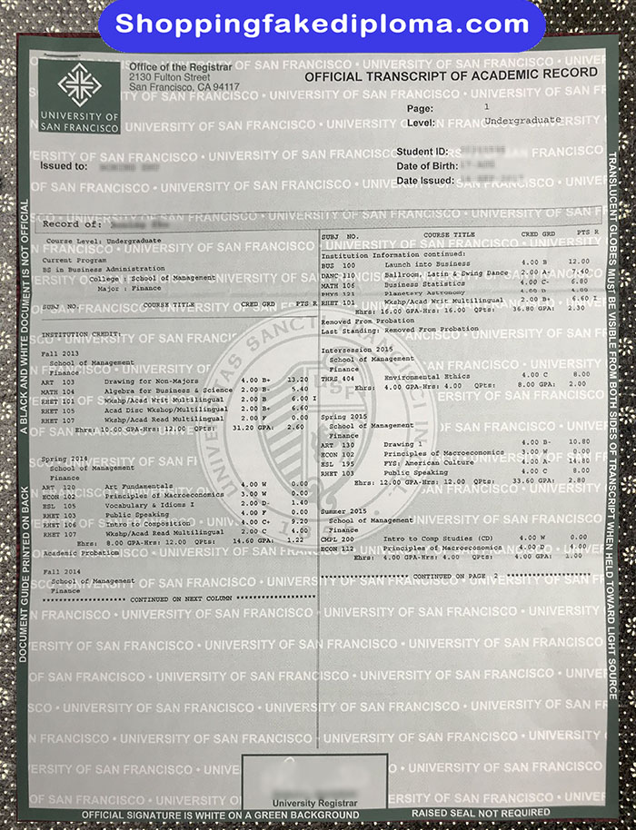  University of San Francisco fake transcript, University of San Francisco certificate