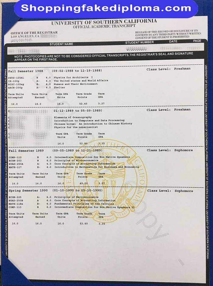 University of Southern California fake Transcript, University of Southern California certificate