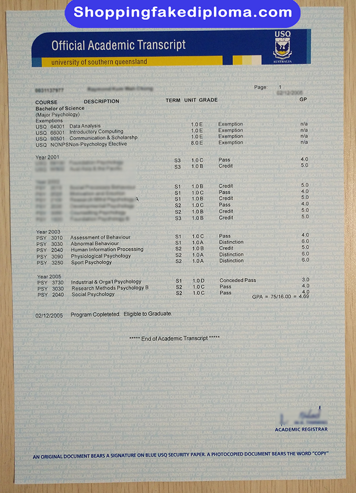 University of Southern Queensland fake Transcript, University of Southern Queensland certificate