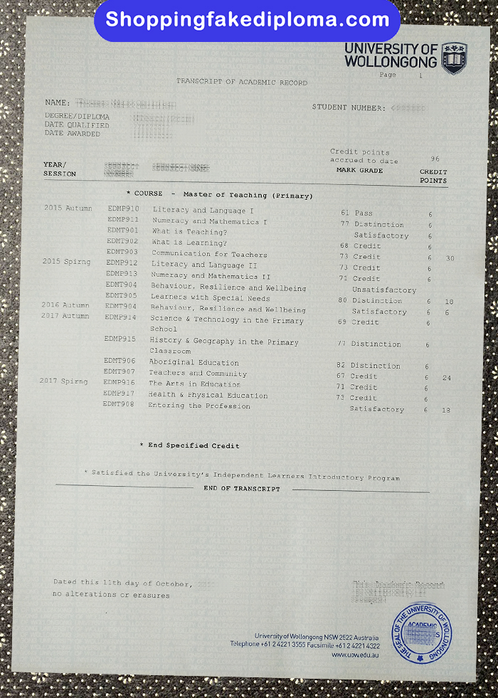 University of wollongong Australia fake transcript, University of wollongong Australia certificate