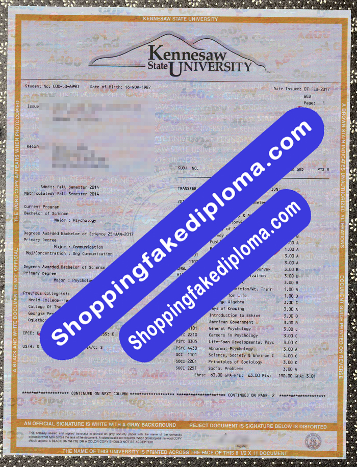 fake Kennesaw State University transcript, buy fake Kennesaw State University transcript