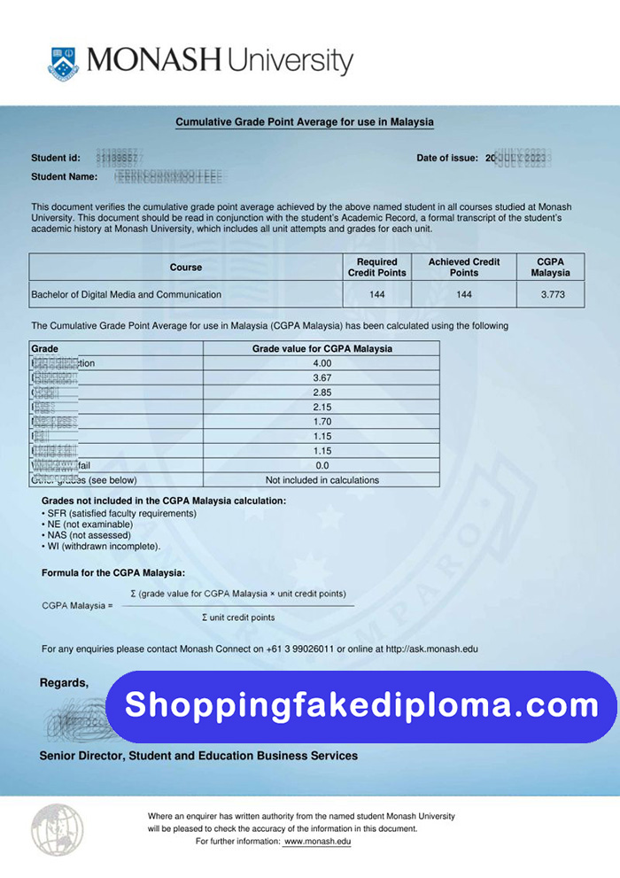 Monash University Transcript template